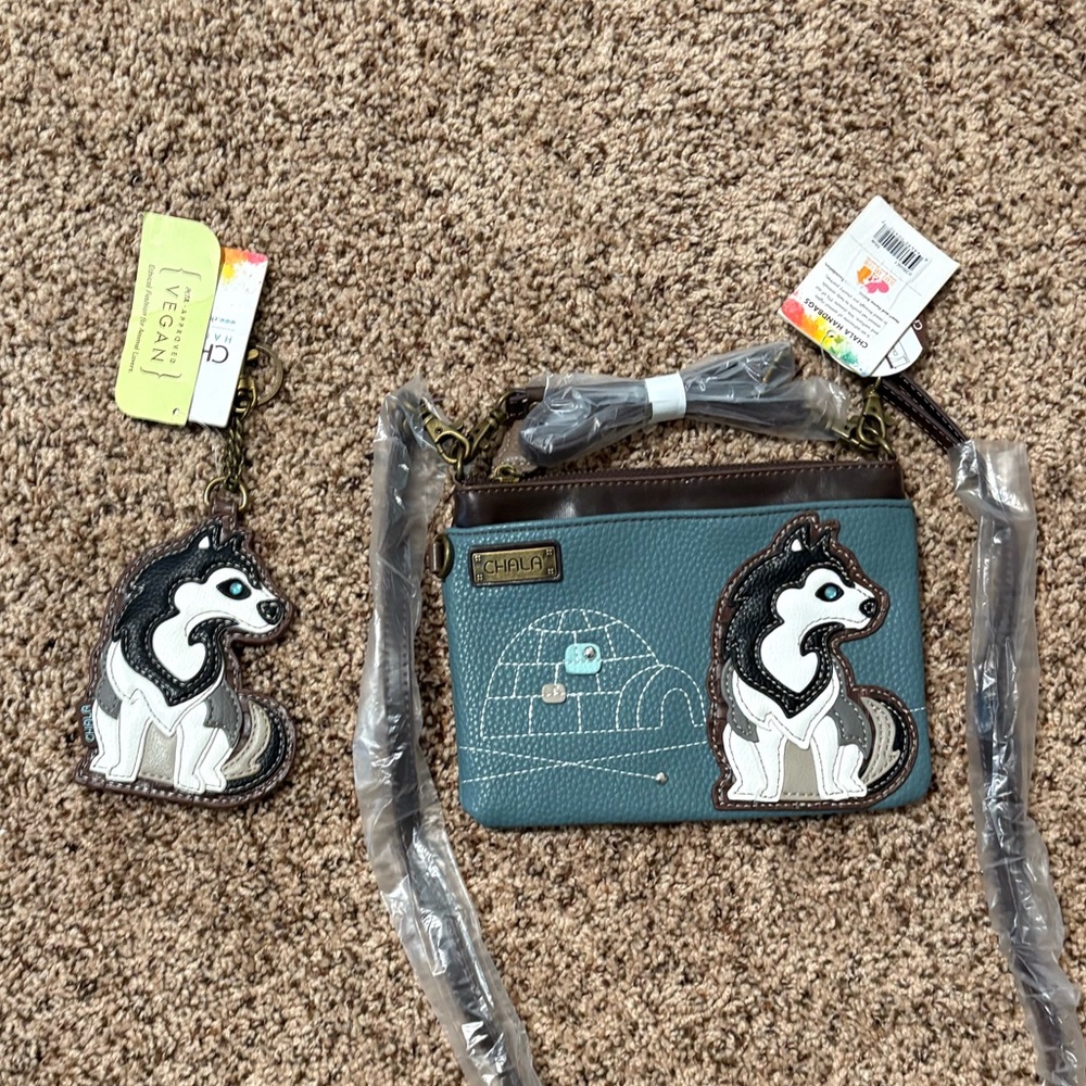 NWT Chala Mini Convertible Crossbody Purse & Keychain! Lot Siberian Husky